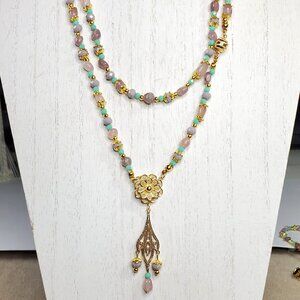 Rose Quartz Green Aventurine Five Way Necklace Set 18k Gold Plated Filigree